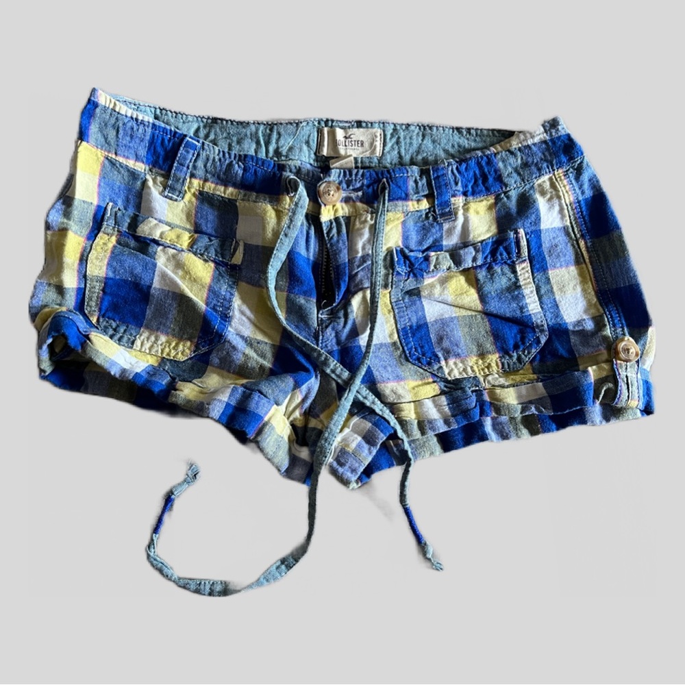 Hollister women’s plaid drawstring denim classy shorty shorts Size 1 blue yellow